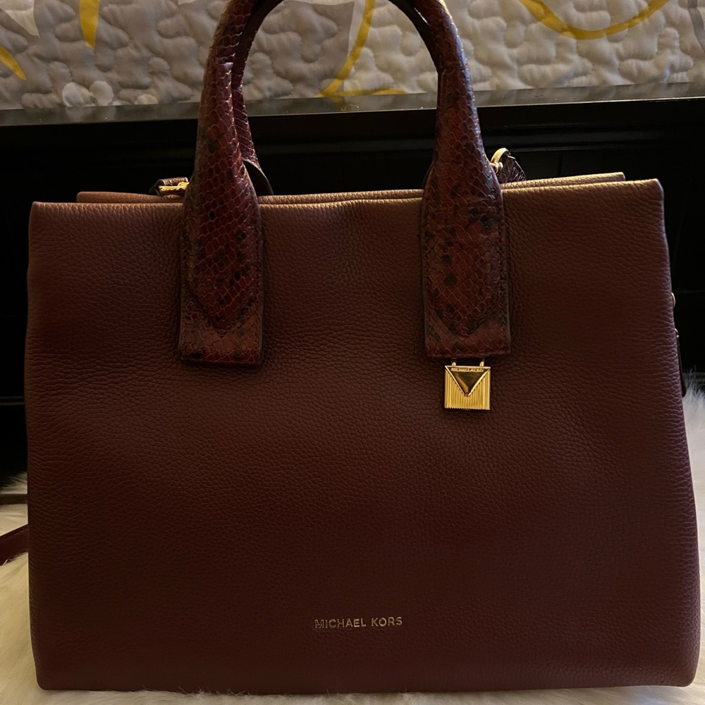 Michael Kors Burgundy Satchel with Snake Print Handles